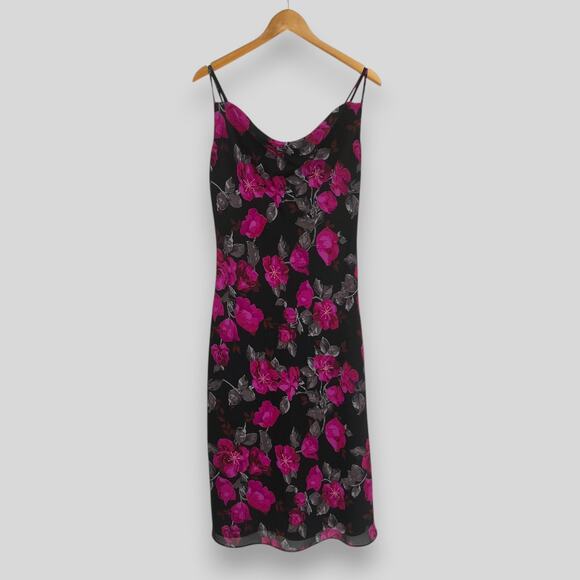 Vintage Dresses & Skirts - Vintage New York & Company Black Floral Cowl Neck Slip Midi Dress Size 10